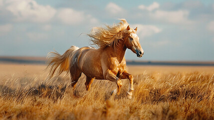 Palomino Horse Galloping in Golden Field under Blue Sky - obrazy, fototapety, plakaty