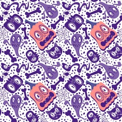 Naklejka premium Autumn cartoon doodle print seamless Halloween pumpkins and ghost and cat and skulls and bones pattern