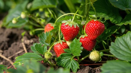 Ripe strawberries growing on the plant in the garden, closeup view