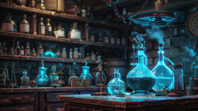 Mystical Alchemy Lab with Glowing Blue Potions and Ancient Bottles