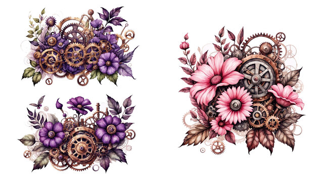 set of watercolor flowers with steampunk elements, isolated white background
