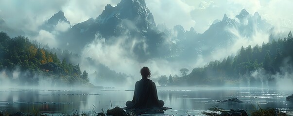 Silent retreat in a secluded monastery, misty mountains in the backdrop, a journey inward