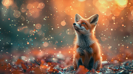 Curious Red Fox in Autumn Wonderland with Sparkling Magical Lights