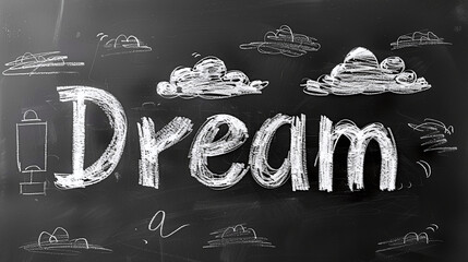 Inspirational Dream Word in Chalk on Blackboard with Cloud Sketches