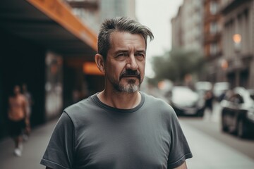Obraz premium A man with a beard and gray hair is standing on a city street