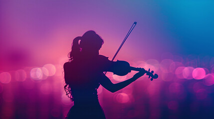 Silhouette of Female Violinist Playing at Sunset with Vibrant Purple and Pink Sky