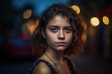 A woman with brown hair and blue eyes is standing in front of a car