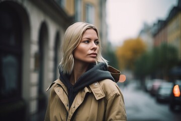 Fototapeta premium A blonde woman wearing a brown coat and a black hoodie stands on a city street