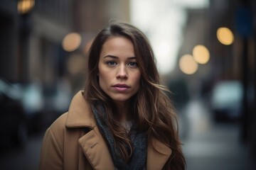 Obraz premium A woman with long brown hair is standing in the street wearing a brown coat