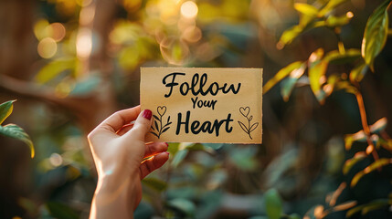 Hand Holding Card with Inspirational Quote Follow Your Heart in Nature