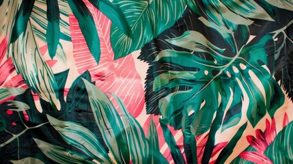 A kimonostyle robe with a bold tropical print of large exotic leaves in shades of green and pink..