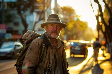 Obraz premium A man wearing a hat and a backpack is standing on a street