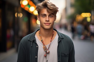 Fototapeta premium A young man with a necklace and a smile on his face