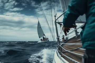 A sailboat is sailing in the ocean with a person standing on the deck