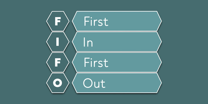FIFO First In First Out. An abbreviation of a financial term. Illustration isolated on blue green background