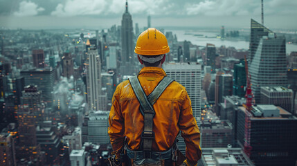 Construction Worker in Yellow Jacket Overlooking City Skyline from High Altitude