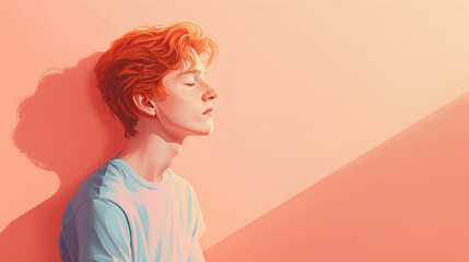 Redhead Young Man Contemplating at Sunset in Light Blue Shirt and Warm Tones