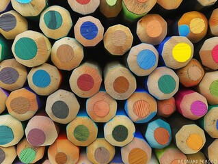 Close-up view of colorful pencil tips showcasing a variety of colors in a creative pattern.