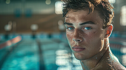 Young Male Swimmer Resting at Poolside with Water Droplets on Skin