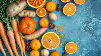 Vibrant Orange Carrots and Citrus Fruits on Textured Blue Background
