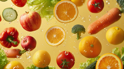 Fresh Fruits and Vegetables Floating with Water Drops on Yellow Background