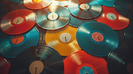 Colorful Array of Vinyl Records Music Collection Close Up View