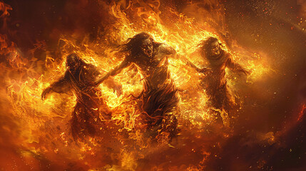 Dramatic fiery dance of three figures enveloped in intense flames