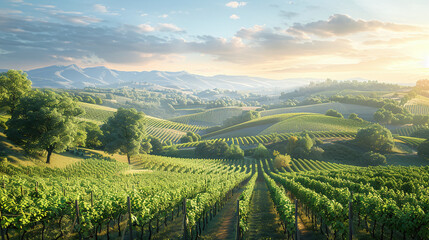 Sunrise over Lush Green Vineyards with Rolling Hills and Vibrant Skies
