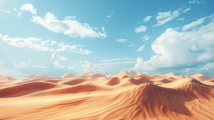 Golden Sand Dunes under Blue Sky in Expansive Desert Landscape