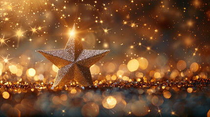 Golden Glitter Star Sparkling on Shimmering Amber Background Celebration Festive Mood