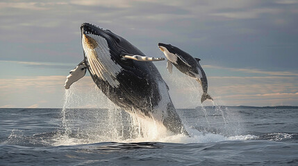 Obraz premium Majestic Humpback Whales Leaping at Sunset Ocean Landscape