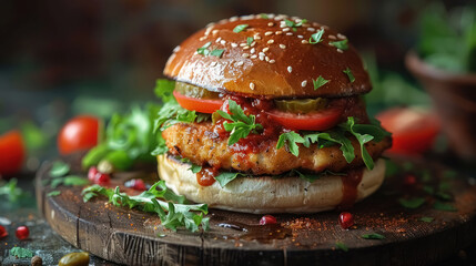 Delicious Grilled Chicken Burger with Fresh Vegetables and Spicy Sauce on a Rustic Wooden Board