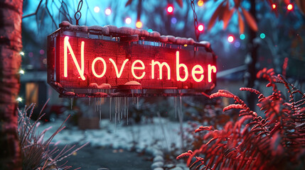 Frosty November Sign with Icicles and Festive Lights in Winter