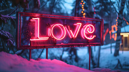 Glowing Neon Love Sign in Snowy Winter Evening with Blue Hues and Warm Lights