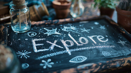 Creative Explore Chalkboard with Nature Symbols in Earthy Setting
