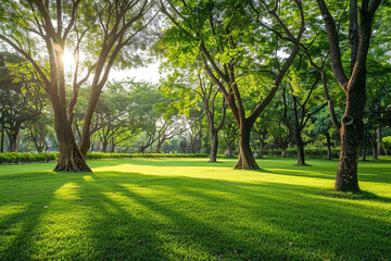 A peaceful park with green lawns and tall trees providing shade.