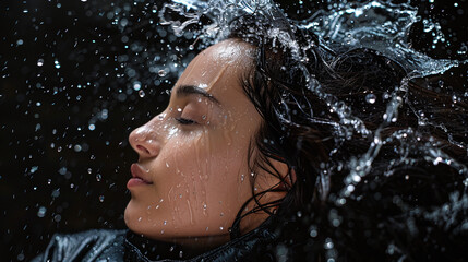 Obraz premium Serene Woman with Wet Hair in Rain Close Up Peaceful Expression