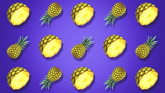 Pineapples arranged in an orderly pattern on a purple background, 3D rendered in the style of a cartoon with cute and vibrant colors
