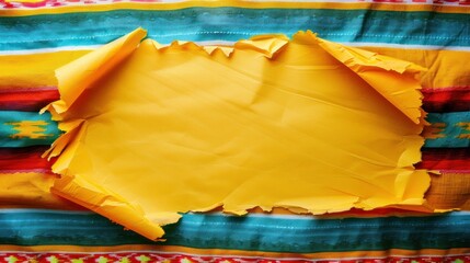 Torn yellow paper on colorful serape. Empty template for text, Cinco de Mayo background.