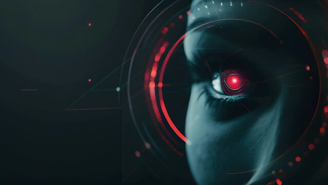 Pushing towards a human eye glowing red with concentric circles from an augmented reality HUD