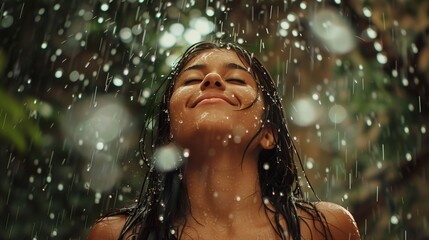 Obraz premium Beautiful young woman in the rain. Portrait of a girl in the rain.