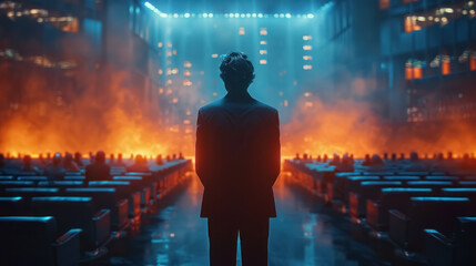 Fototapeta premium silhouette of a person standing amidst glowing lights and dark atmosphere