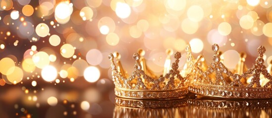 Gold crowns on blue background with bokeh lights - obrazy, fototapety, plakaty
