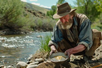 A man dressed in period attire is meticulously panning for gold in a river, surrounded by a serene natural landscape reflecting the Gold Rush era
