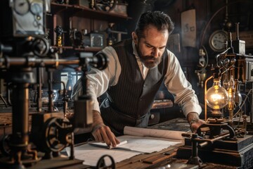 Focused inventor works diligently on plans amid vintage machinery and warm lighting