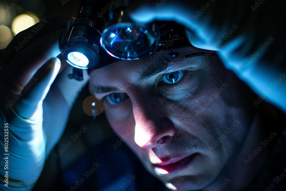 Poster an intense image of a researcher's hands adjusting a microscope, with a focus on the scientific expl