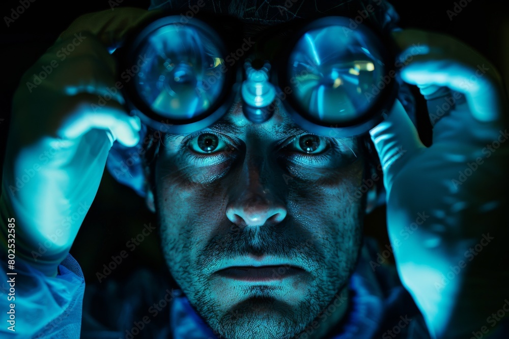 Aufkleber clearly focused on hands manipulating an object with detail and precision, surrounded by darkness