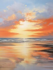 An oil painting of a beach at sunset