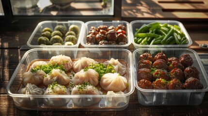 Various dimsum and meat balls and green vegetables in separate containers