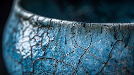 This close-up image captures the unique blue crackle glaze texture on a piece of finely crafted pottery